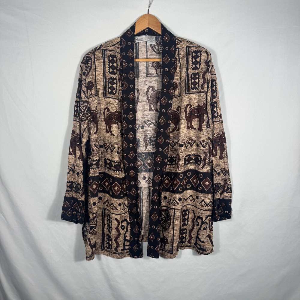 Vintage DB Line New York Elephant Print Open Front Cardigan Duster